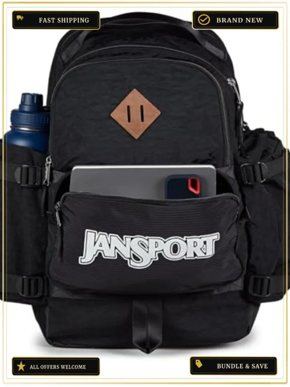 Durable JanSport Daypack Backpack with Laptop Sleeve, Water Bottle Pockets, 34L